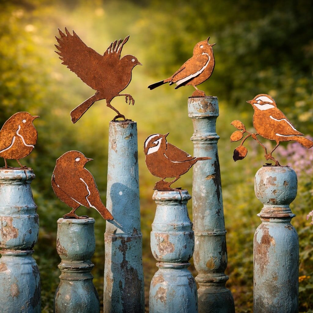 6 pièces Oiseaux decoratifs, Oiseaux rouillés