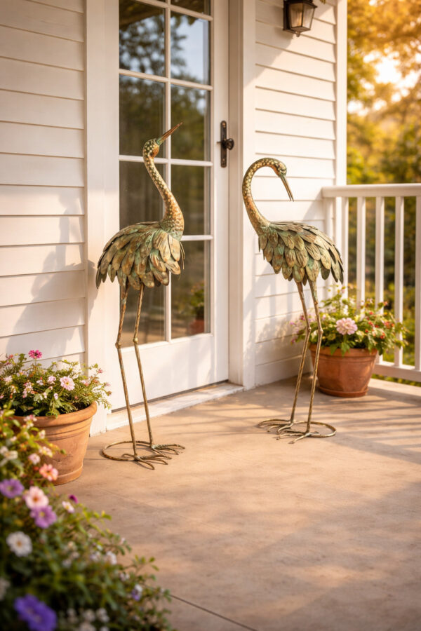 Lot de 2 Statues de Jardin, Sculpture de Héron en Métal – Image 2
