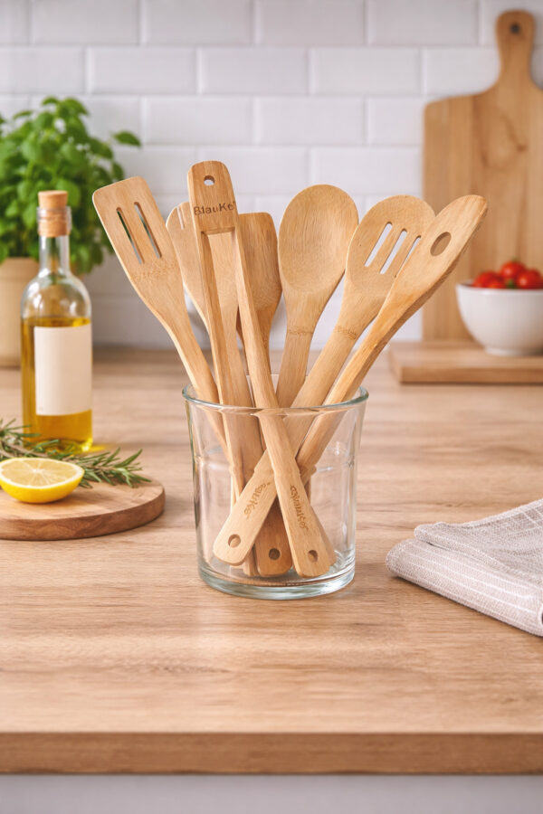 Ustensiles cuisine bois bambou set de 7 anti-rayures – Image 2