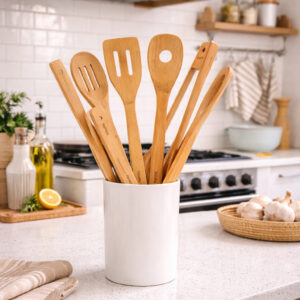 Ustensiles cuisine bois bambou set de 7 anti-rayures