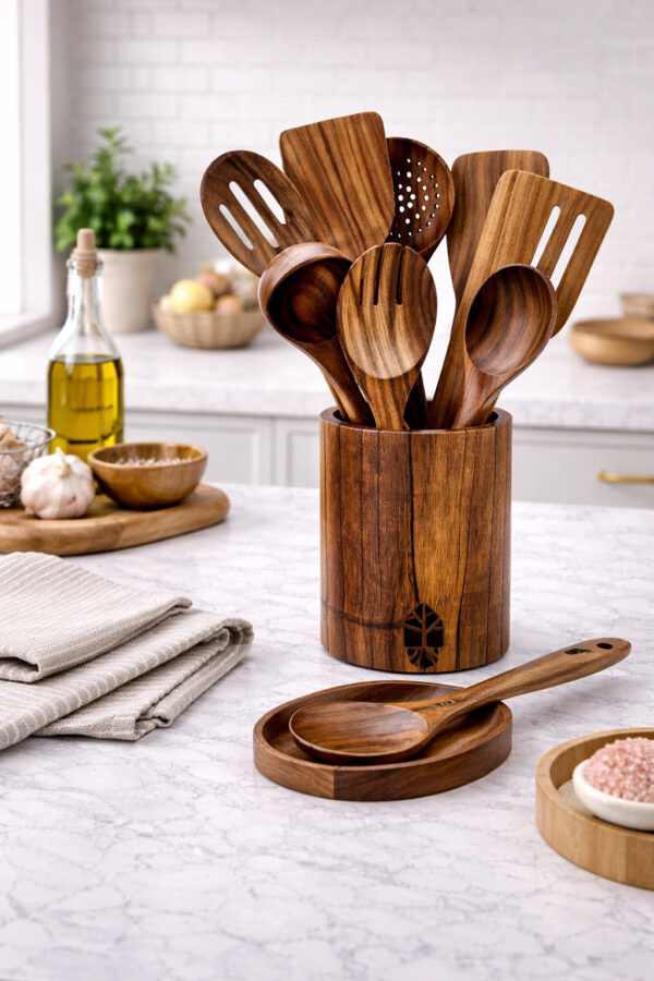 Ustensiles cuisine bois premium teck 12 pièces – Image 3