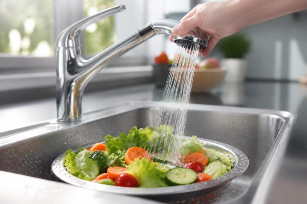 découvrez comment utiliser le mitigeur avec douchette pour un rinçage précis et efficace de vos légumes, garantissant fraîcheur et propreté à chaque utilisation.