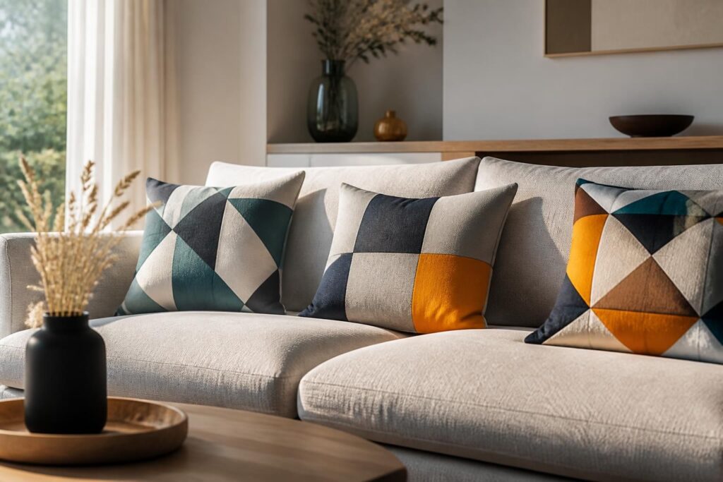 découvrez comment l'association des coussins à motifs géométriques dynamise visuellement l'assise principale, apportant style et modernité à votre intérieur.
