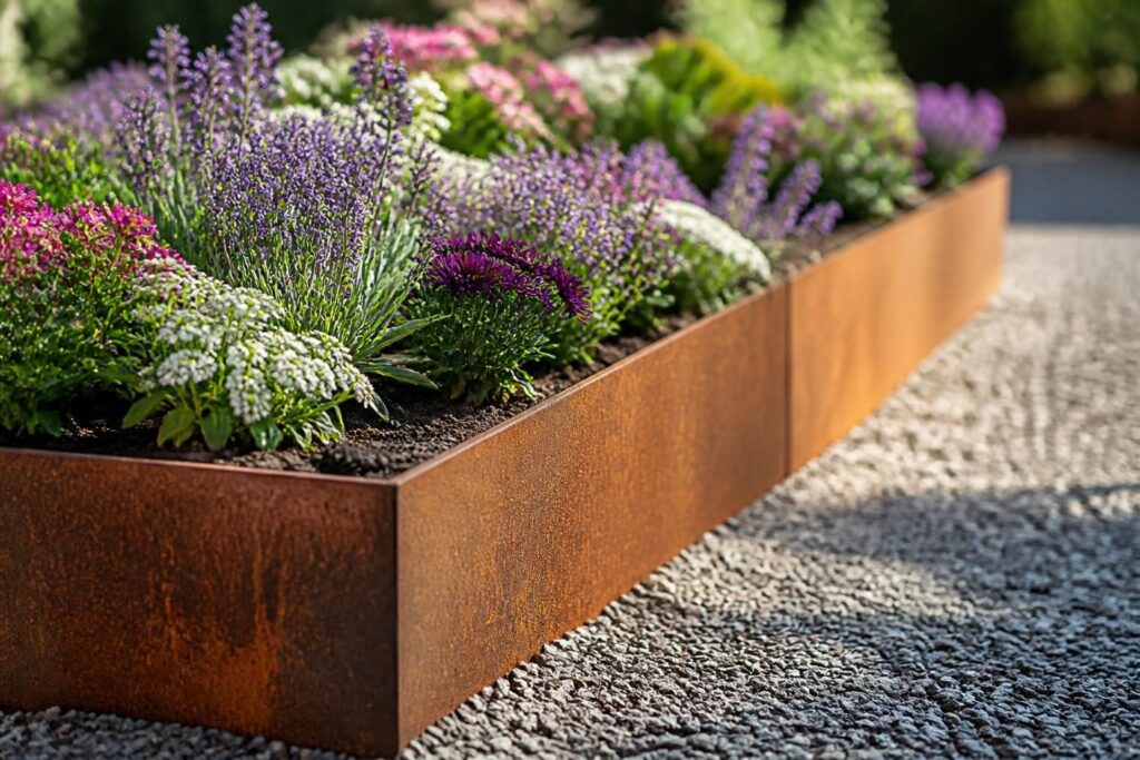 découvrez une liaison directe entre la bordure de jardin en corten et une délimitation nette des parterres de fleurs, alliant esthétique et fonctionnalité pour sublimer votre espace extérieur.