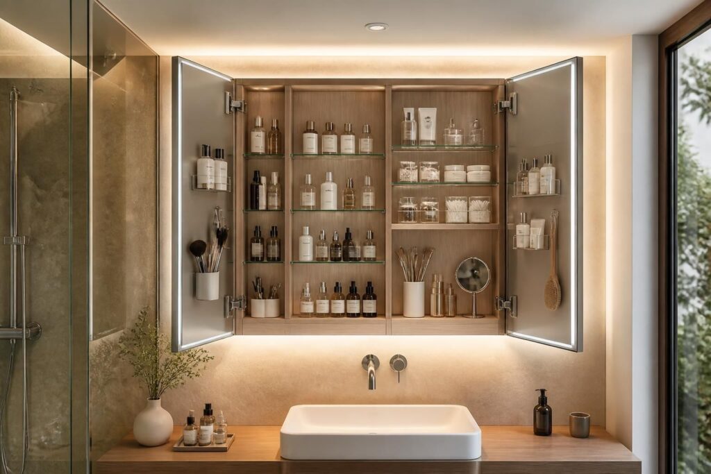 découvrez comment la liaison directe entre l'armoire de toilette éclairée et l'optimisation du rangement à hauteur des yeux améliore à la fois la praticité et l'esthétique de votre salle de bain.