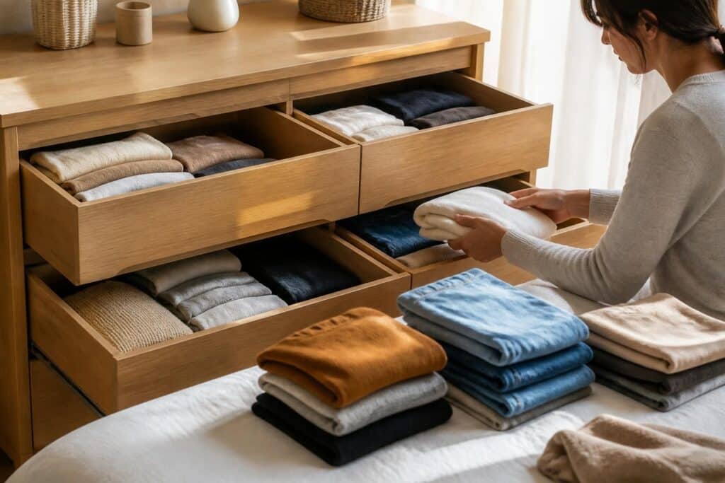 découvrez comment une commode à tiroirs optimise le tri et le rangement des vêtements pliés pour un espace organisé et fonctionnel.