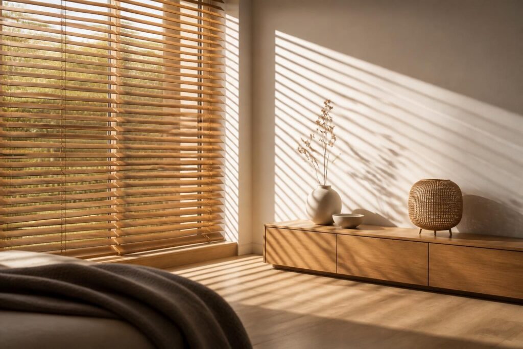 découvrez comment le store vénitien en bois permet un contrôle précis des rayons du soleil, alliant esthétique naturelle et régulation efficace de la lumière pour un confort optimal.