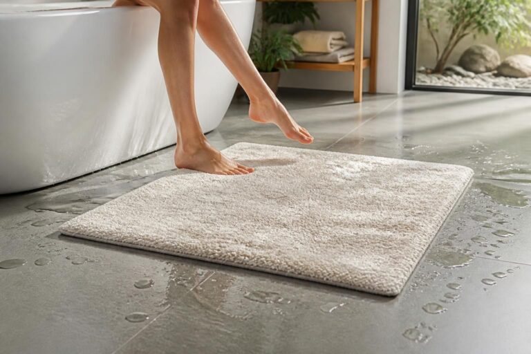 découvrez comment un tapis de bain en coton épais améliore l'absorption rapide de l'eau à la sortie du bain pour un sol toujours sec et un confort optimal.