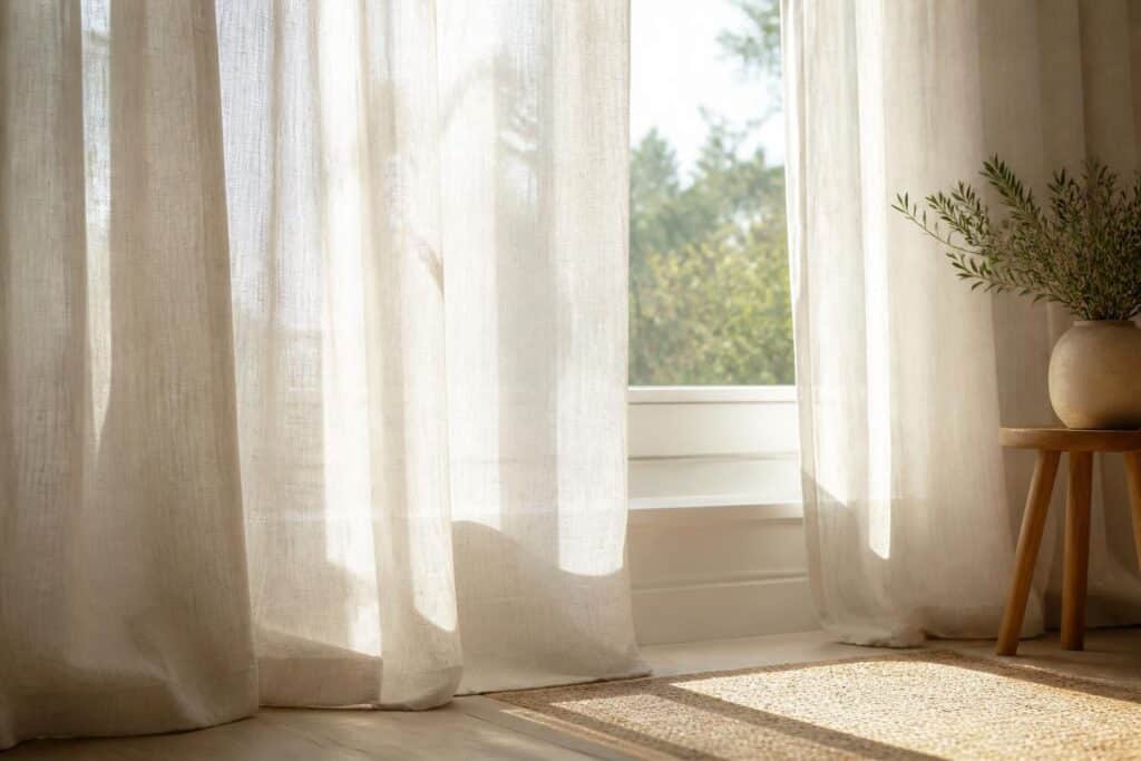 découvrez comment les voilages en lin offrent une liaison directe entre élégance naturelle et filtration douce pour atténuer la lumière éblouissante, créant une ambiance lumineuse et apaisante.