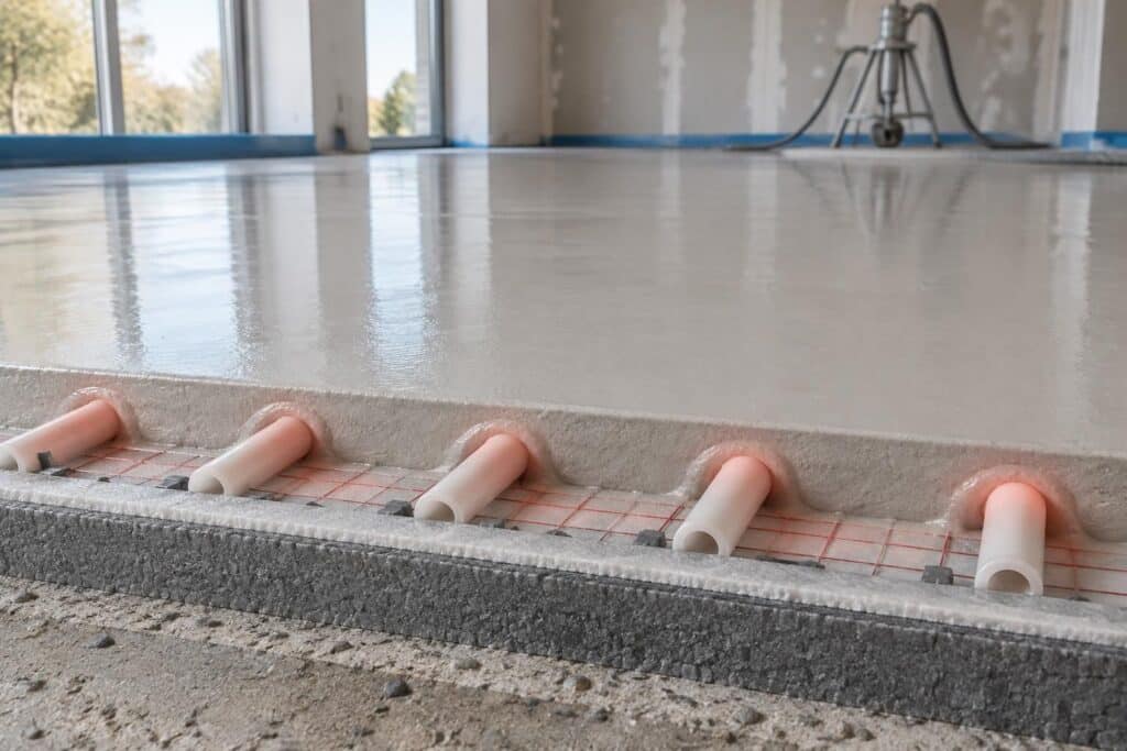 découvrez les avantages de la chape fluide anhydrite : un enrobage optimal des tuyaux de chauffage pour une diffusion homogène de la chaleur.