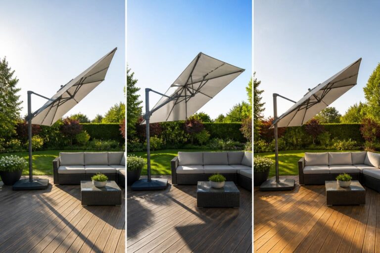 découvrez comment un parasol déporté inclinable offre un ombrage modulable tout au long de la journée, s'adaptant ainsi aux mouvements du soleil pour un confort optimal en extérieur.