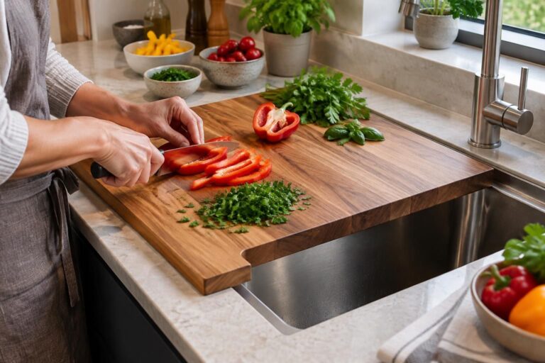 découvrez comment une planche à découper sur mesure agrandit votre surface de préparation et optimise l’espace dans votre cuisine.