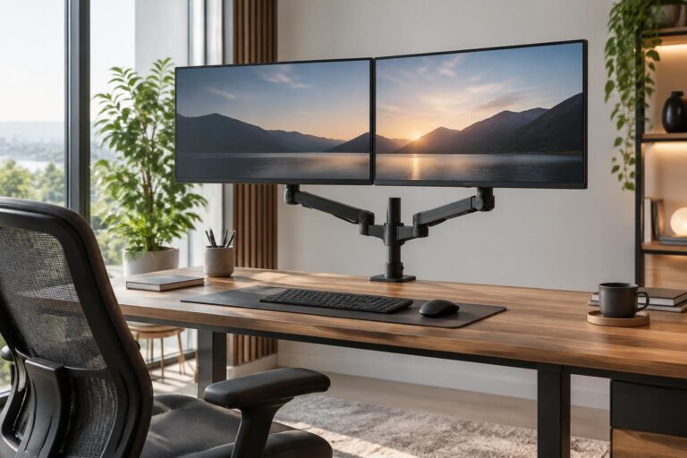 découvrez comment un bras pour double écran améliore l’alignement des moniteurs, optimise votre espace de travail et favorise une posture plus confortable.
