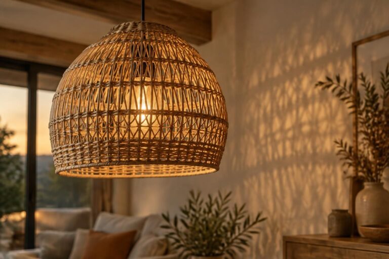 découvrez comment une suspension en rotin diffuse une lumière douce et tamisée pour créer une ambiance chaleureuse et naturelle dans votre intérieur.