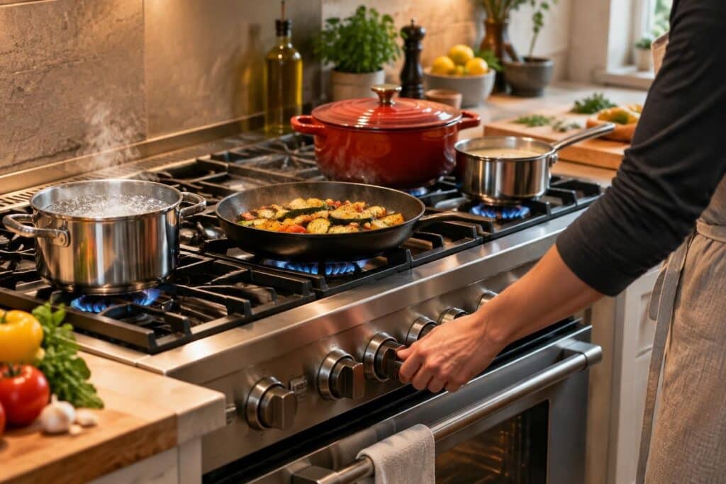 découvrez comment la liaison directe avec votre piano de cuisson facilite la gestion simultanée de plusieurs cuissons, avec précision et fluidité.