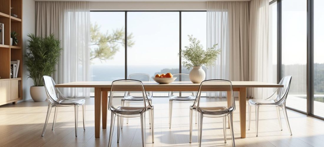 découvrez comment la transparence des chaises en polycarbonate apporte un allègement visuel élégant à votre salle à manger, créant un espace moderne et lumineux.