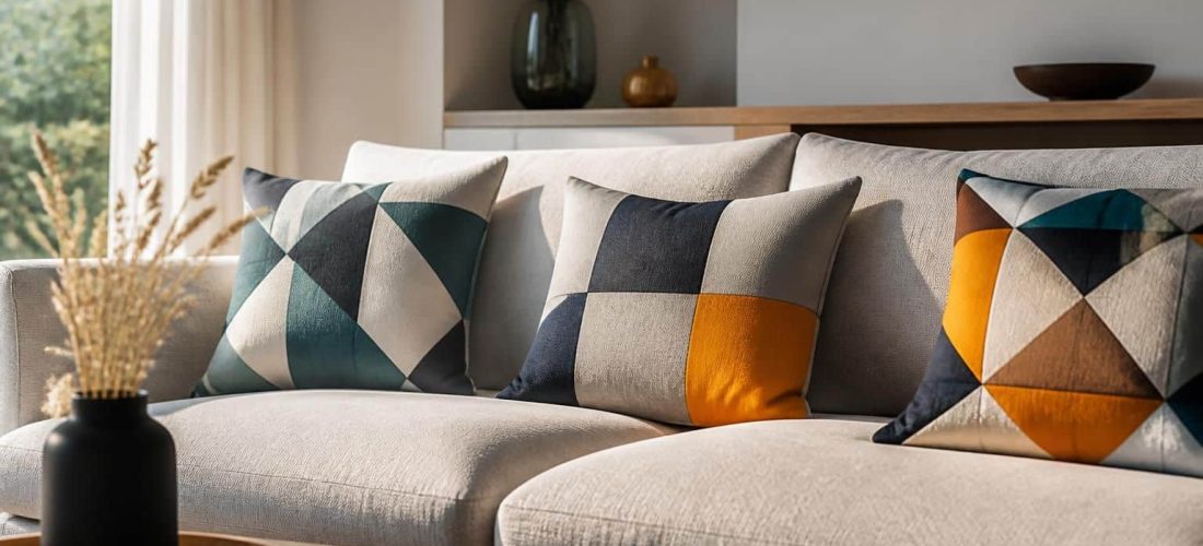 découvrez comment l'association des coussins à motifs géométriques dynamise visuellement l'assise principale, apportant style et modernité à votre intérieur.