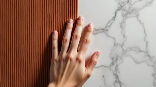 découvrez l'effet unique du contraste thermique au toucher, résultant de l'association harmonieuse du velours côtelé chaleureux et du marbre froid et lisse.