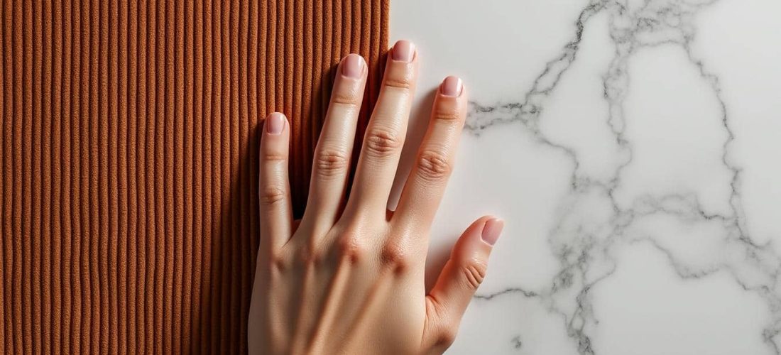 découvrez l'effet unique du contraste thermique au toucher, résultant de l'association harmonieuse du velours côtelé chaleureux et du marbre froid et lisse.