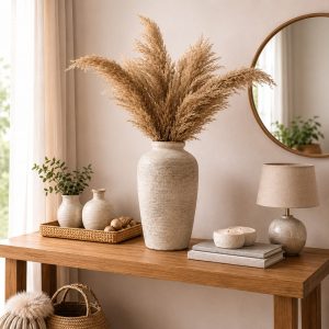 Décoration minimaliste avec pampas et céramique