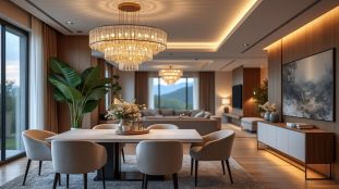 découvrez la définition de l'espace repas intégré au séjour, sublimé par la présence imposante d'un lustre majestueux suspendu, créant une ambiance élégante et conviviale.