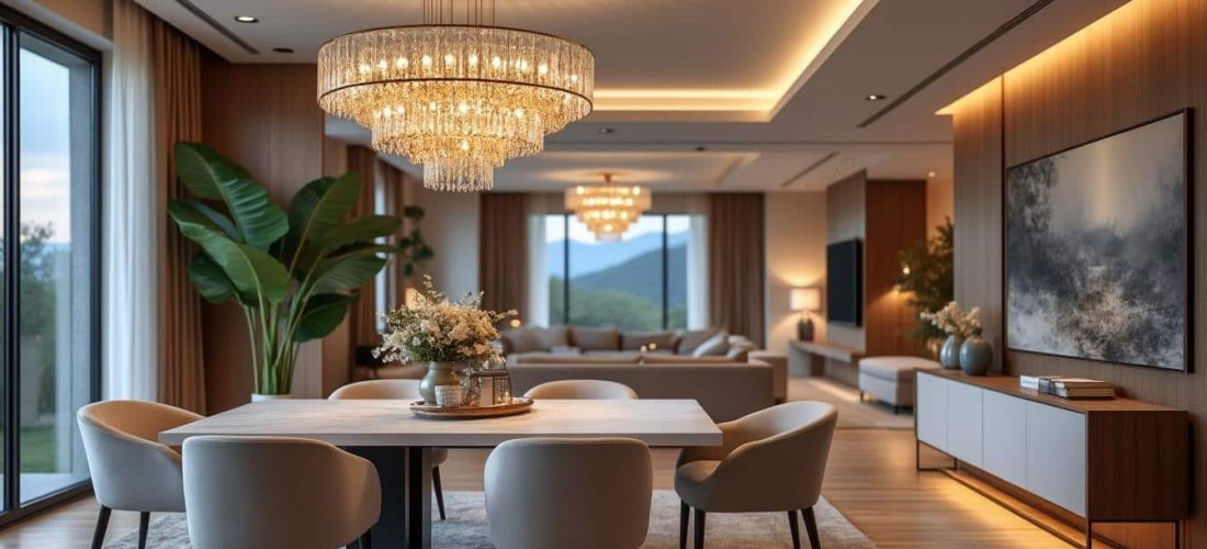 découvrez la définition de l'espace repas intégré au séjour, sublimé par la présence imposante d'un lustre majestueux suspendu, créant une ambiance élégante et conviviale.