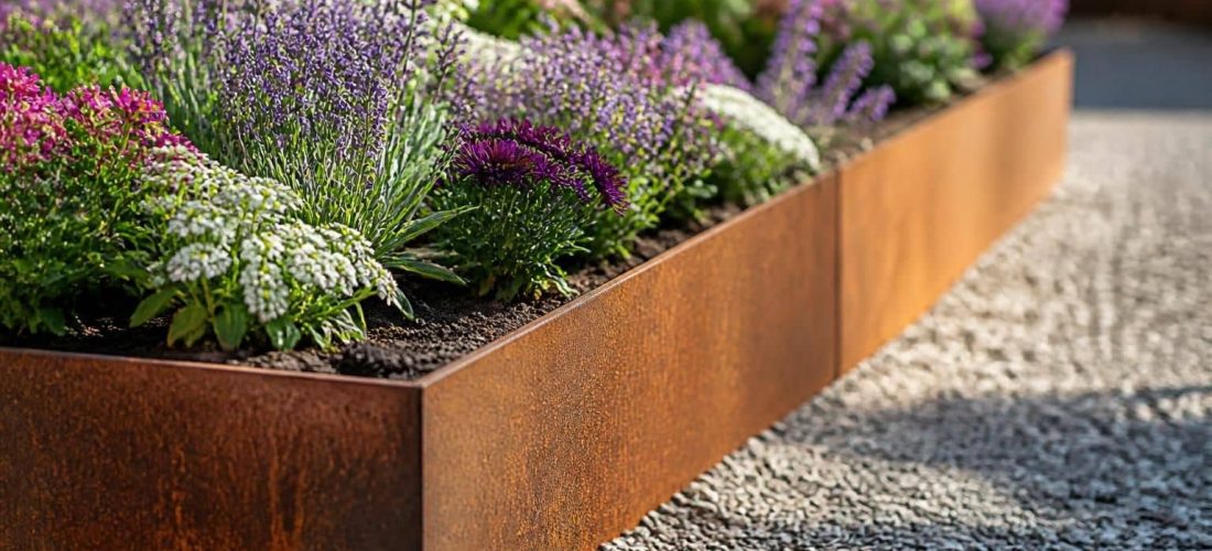 découvrez une liaison directe entre la bordure de jardin en corten et une délimitation nette des parterres de fleurs, alliant esthétique et fonctionnalité pour sublimer votre espace extérieur.