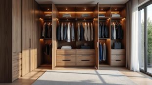 optimisez votre espace avec une organisation de dressing sur mesure, alliant penderies fonctionnelles et tiroirs profonds pour un rangement structuré et élégant.