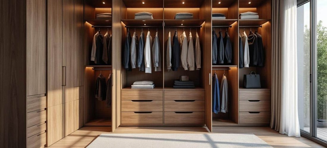 optimisez votre espace avec une organisation de dressing sur mesure, alliant penderies fonctionnelles et tiroirs profonds pour un rangement structuré et élégant.