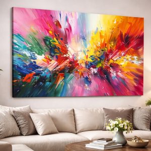Peinture abstraite vibrante dans un salon moderne