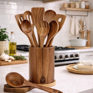 Plan de travail avec ustensiles en bois