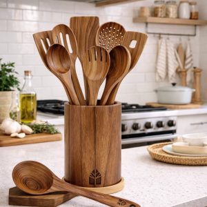Plan de travail avec ustensiles en bois