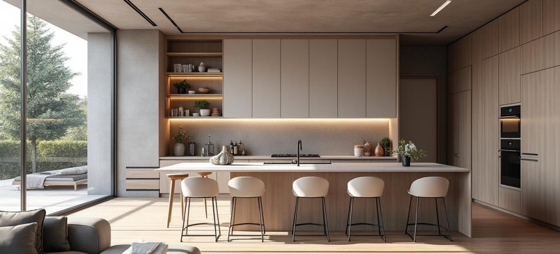 découvrez comment un îlot central crée une séparation fluide et élégante entre le salon et la cuisine, optimisant l'espace et favorisant la convivialité.